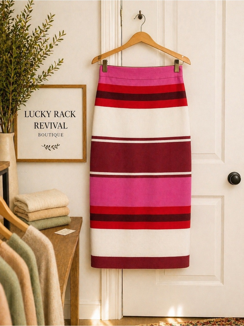 Ann Taylor Striped Midi Pencil Skirt in Pink, Red, Burgundy & Cream